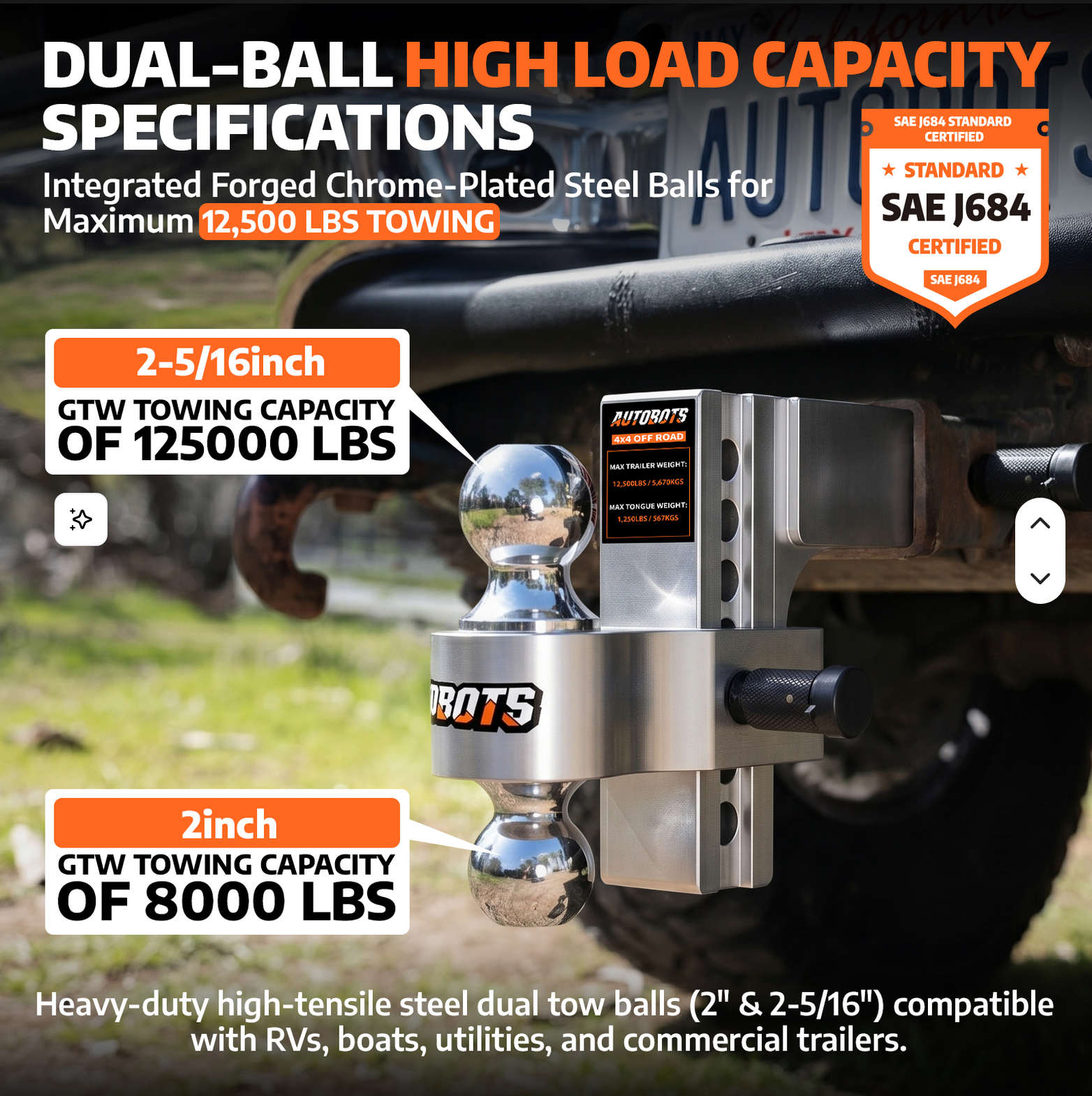 Premium Billet Aluminum Adjustable Dual-Ball Hitch 6"