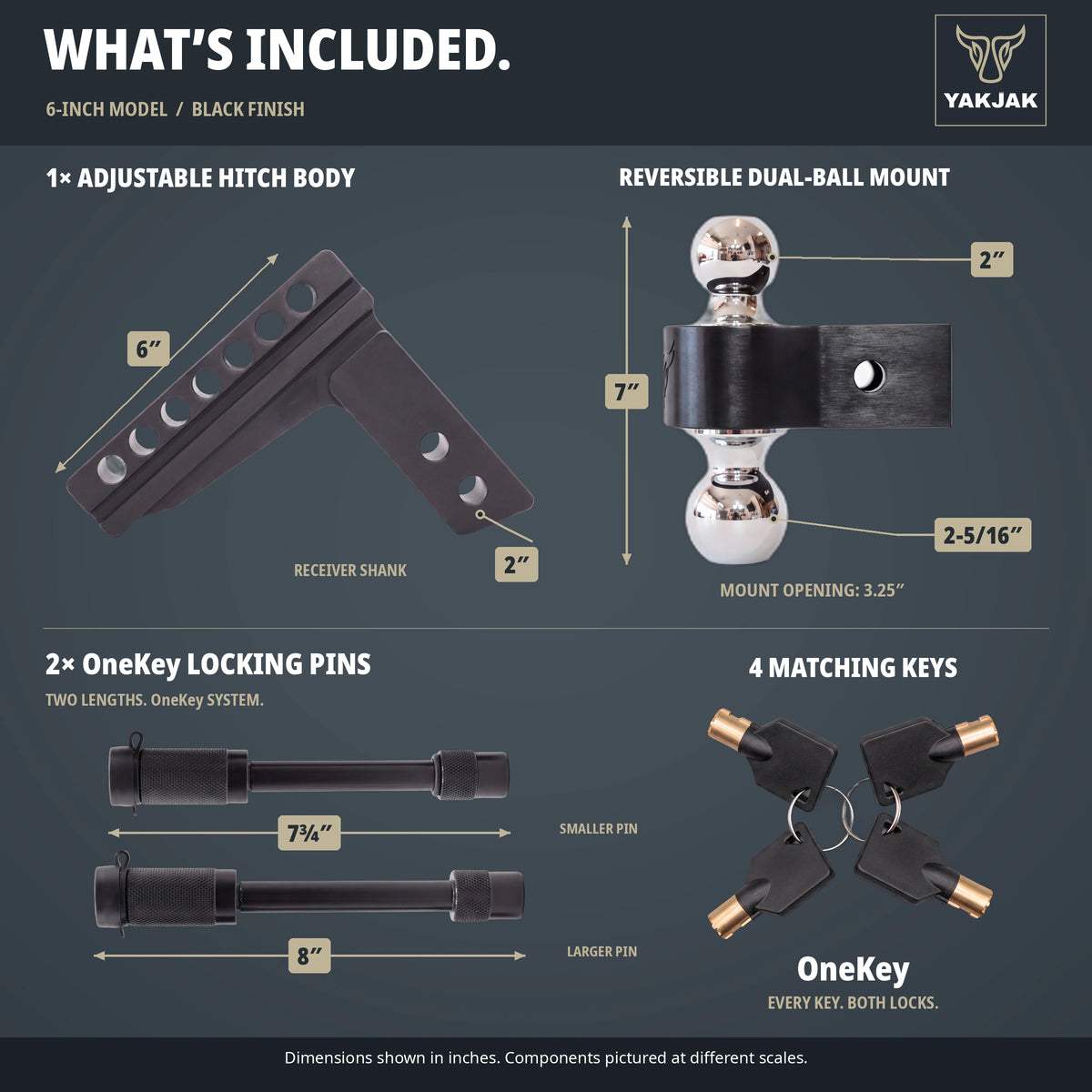 YakJak 6-inch Black hitch dimensions, dual-ball mount, 7¾-inch and 8-inch OneKey locking pins, and four matching keys.