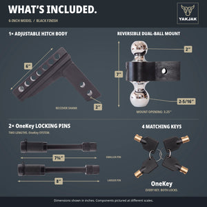 YakJak 6-inch Black hitch dimensions, dual-ball mount, 7¾-inch and 8-inch OneKey locking pins, and four matching keys.