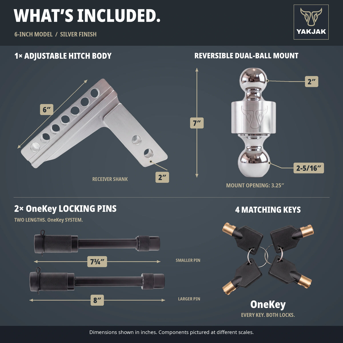 YakJak 6-inch Silver hitch dimensions, dual-ball mount, 7¾-inch and 8-inch OneKey locking pins, and four matching keys.