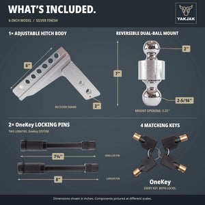 YakJak 6-inch Silver hitch dimensions, dual-ball mount, 7¾-inch and 8-inch OneKey locking pins, and four matching keys.