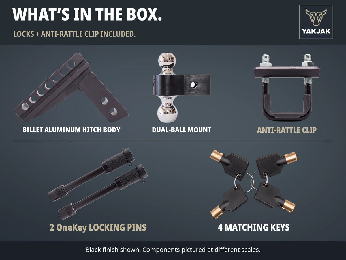YakJak Black complete kit: billet aluminum hitch body, dual-ball mount, anti-rattle clip, two OneKey locking pins and four matching keys. Black finish shown; components pictured at different scales.