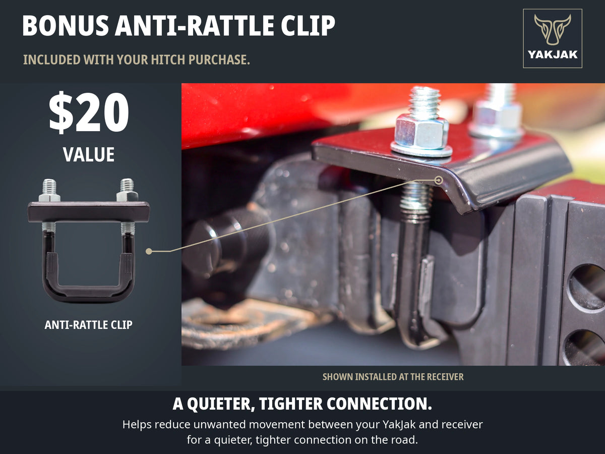 Bonus YakJak anti-rattle clip included with hitch purchase, $20 value. Installed close-up and isolated clip show where it fits for a quieter, tighter connection.