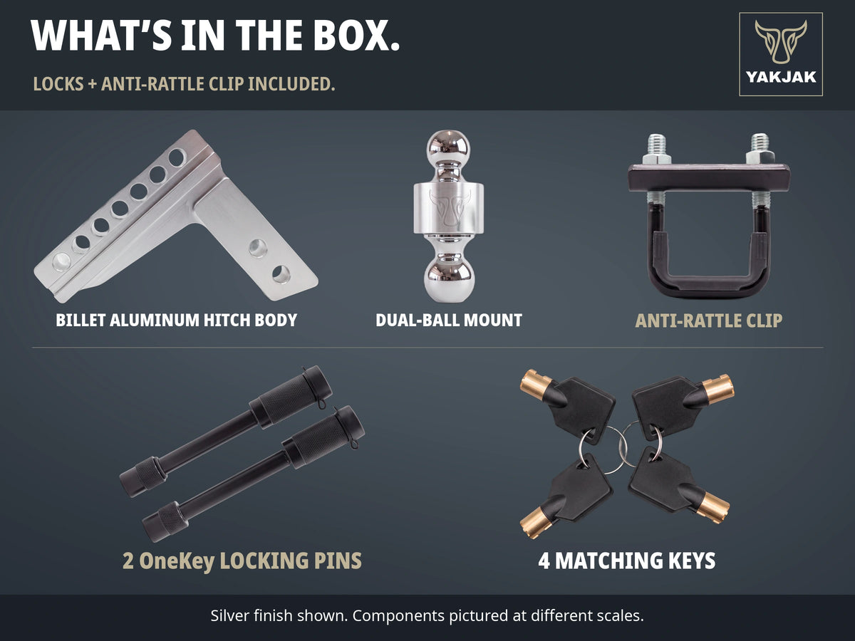 YakJak Silver complete kit: billet aluminum hitch body, dual-ball mount, anti-rattle clip, two OneKey locking pins and four matching keys. Silver finish shown; components pictured at different scales.