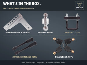 YakJak Silver complete kit: billet aluminum hitch body, dual-ball mount, anti-rattle clip, two OneKey locking pins and four matching keys. Silver finish shown; components pictured at different scales.