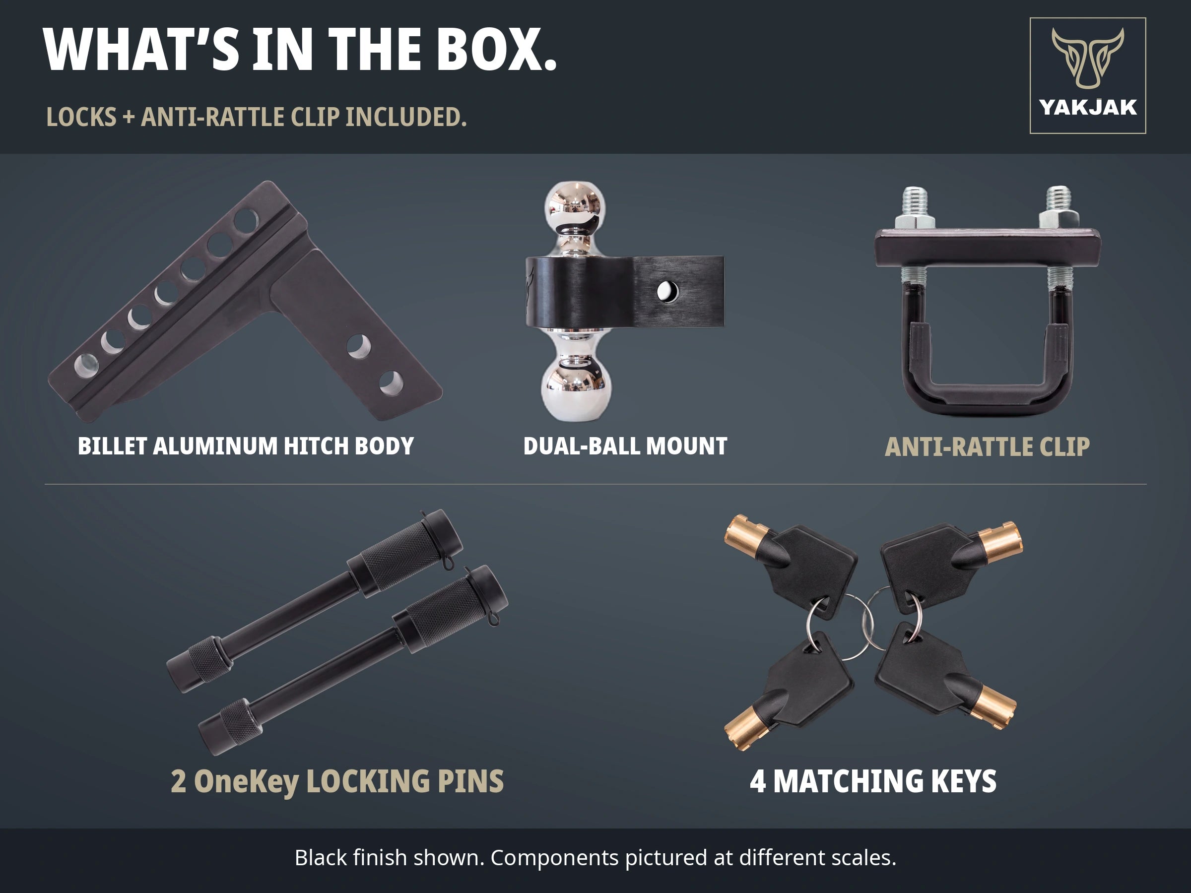YakJak Black adjustable dual-ball hitch – everything in the box